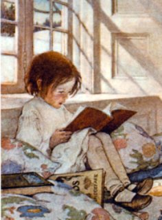 little girl reading by the window