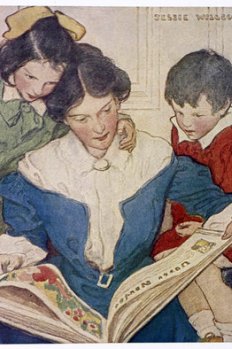 painting of mother reading to two children